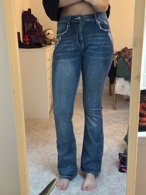 Sky Women's Dark Blue Bootcut Jeans with Pocket Embellishment